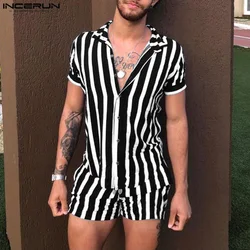 INCERUN 2024 American Style Sets Men's Personality Striped Short Sleeved Shirts Shorts Casual Stylish Male Two-piece Sets S-5XL