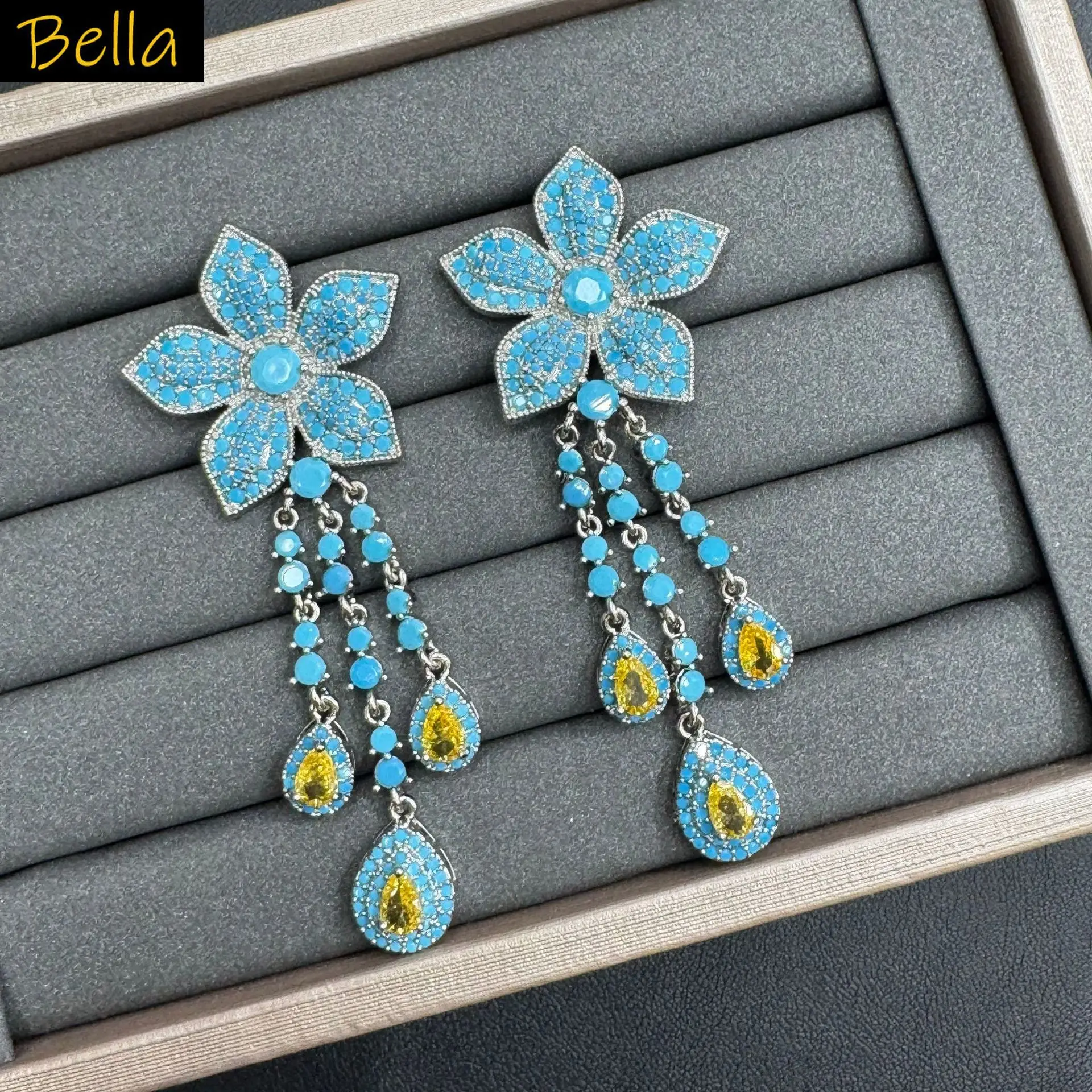 fashion unique cubic zirconia earrings for women jewelry gala event party flower dangling earrings long green blue pink