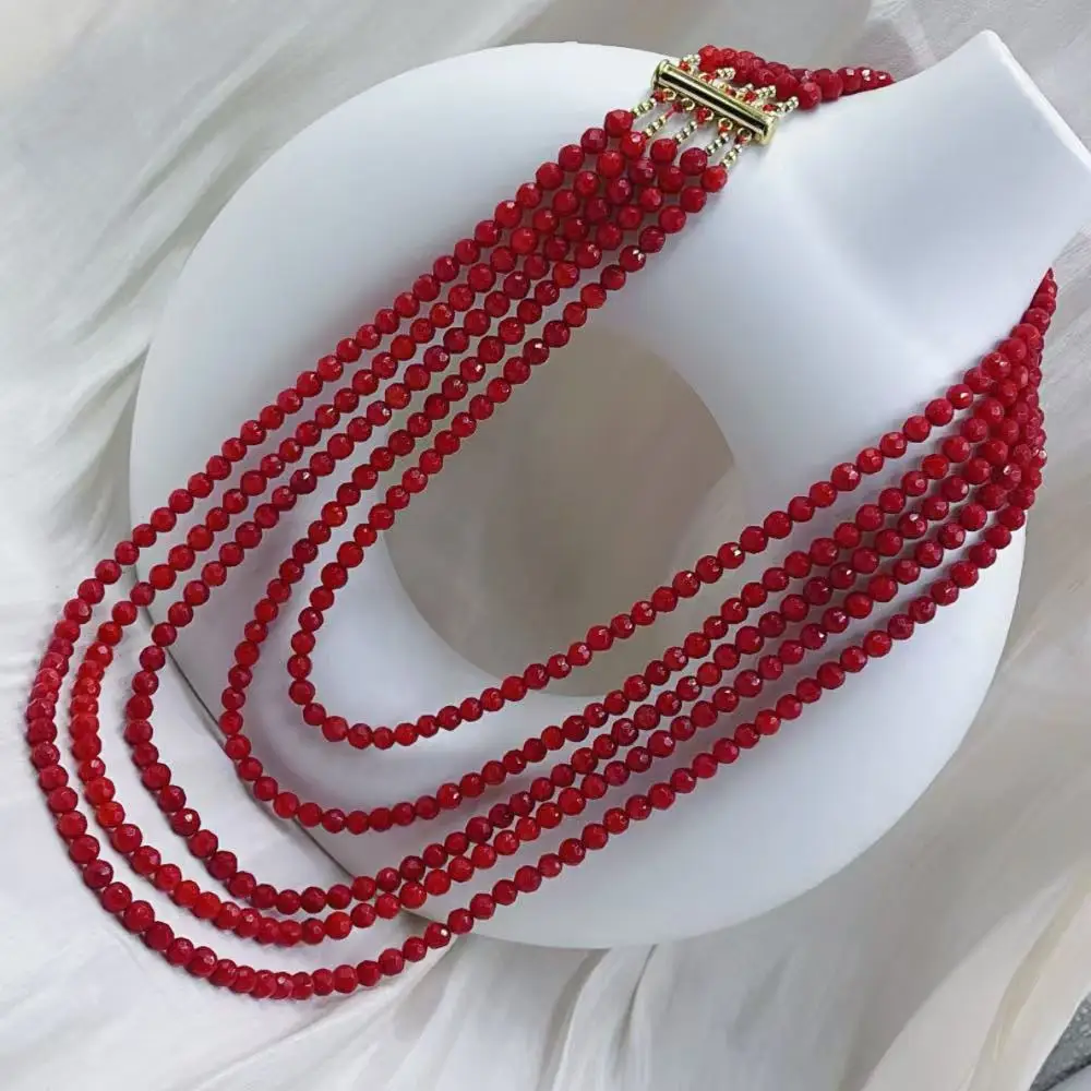 6mm 5-Strand Style Women Wedding Jewelry Genuine Round Natural Sea Bamboo Red Coral Necklace 18-20inch