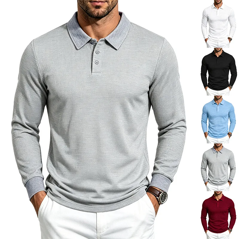 Men Waffle Textured Classic Polo Collar Three Button Placket Long Sleeve Casual Top