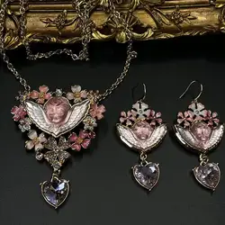 Medieval Sleeping Angel Retro Pendant Love Earrings Enamel Craft Pink Flower Crystal Relief Necklace