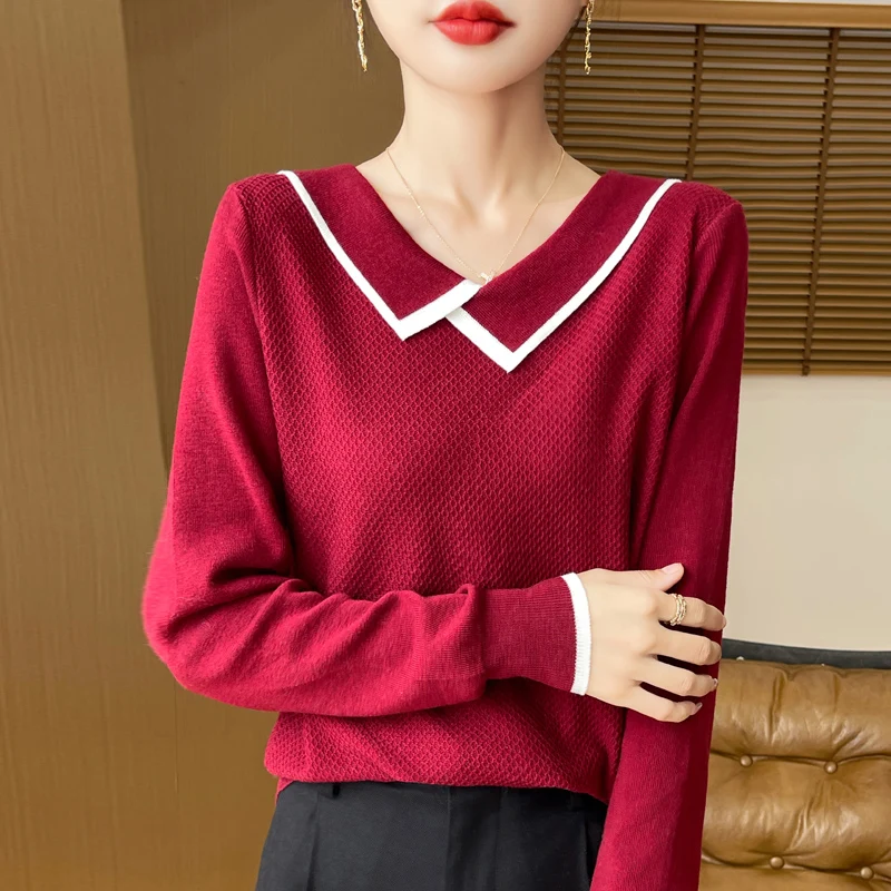 

Fall/Winter New Joker Worsted Wool Women's Contrasting Polo Lapel Sweater with Base Shirt in Long Sleeve