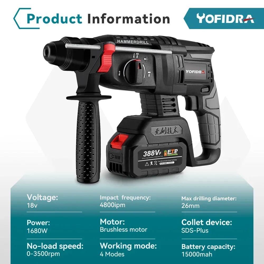 Yofidra 26mm Brushless Electric Hammer Electric Pick Impact Drill Multi-function Cordless Rotary Tool For Makita 18V Battery