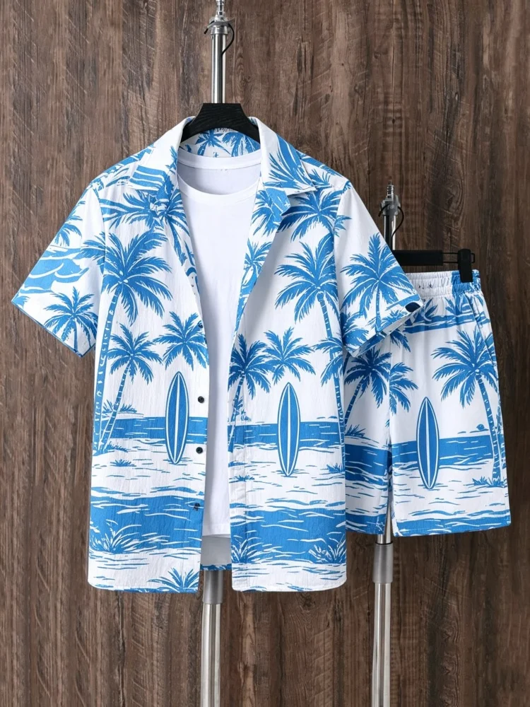 Conjunto de Camisa de Manga Corta y Pantalones Cortos para Hombre, Estampado Hawaiano de Palmeras Azules, Estilo Casual y Holgado para Verano