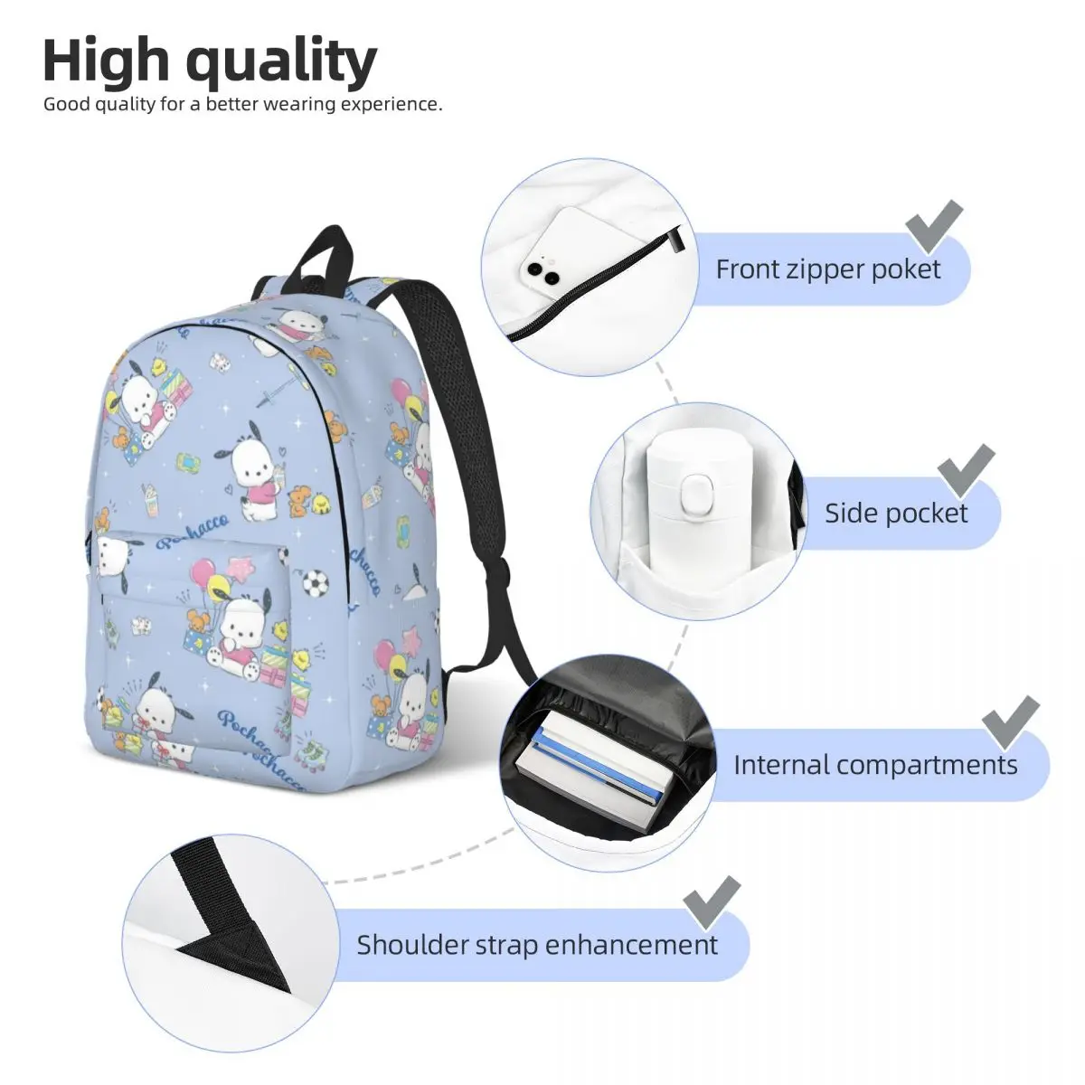 Pochacco Nuevo bolso escolar con patrón de moda Mochila liviana con estampado 15 pulgadas 17 pulgadas