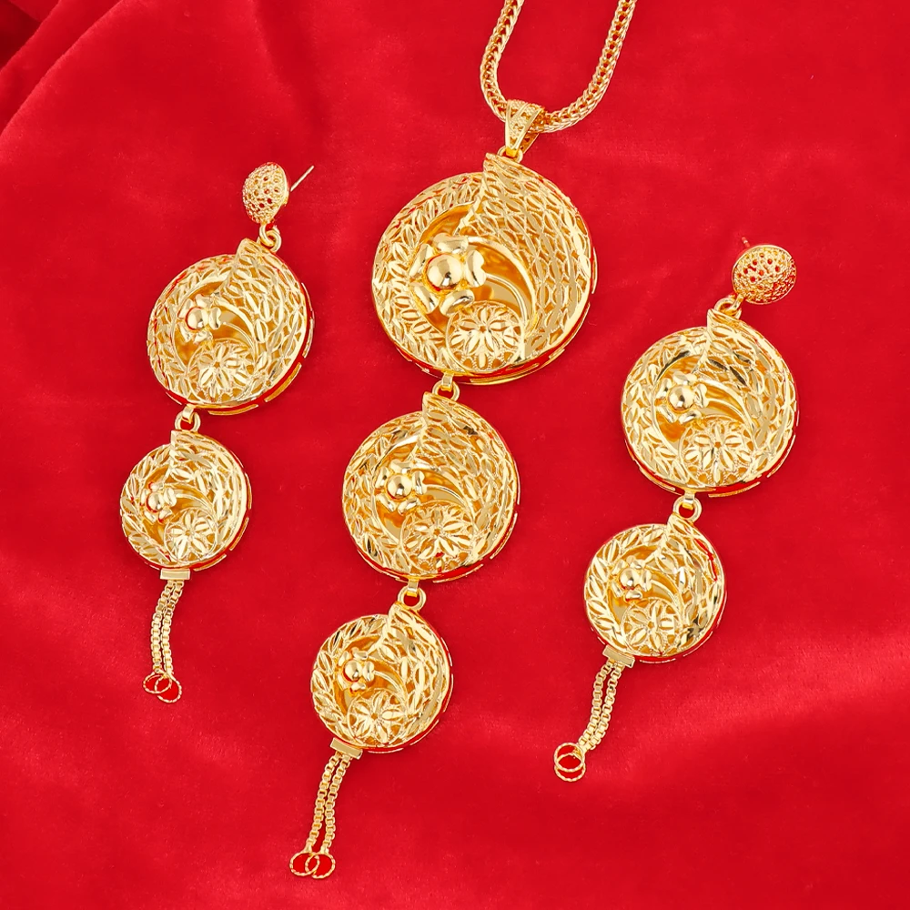 

18K Gold Plated Dubai Inspired Jewelry Set for Women with Complex Flower Design Chain Necklace Charms Earrings - Perfect for Par