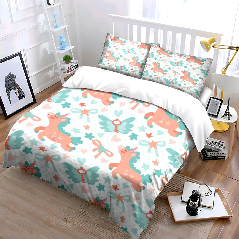 Cute Unicorn and Stars Pattern Bedding Set for Kids Luxury Gift 3pcs Digital Print Comforter Set Soft Comfortable Breathable