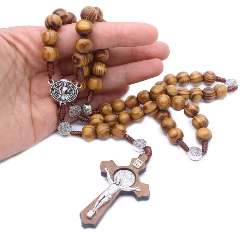 Pine Wood Beads Cross Rosary Necklace Handcrafted Classic Religious Necklace Pendant Trendy Party Accessories Birthday Gifts