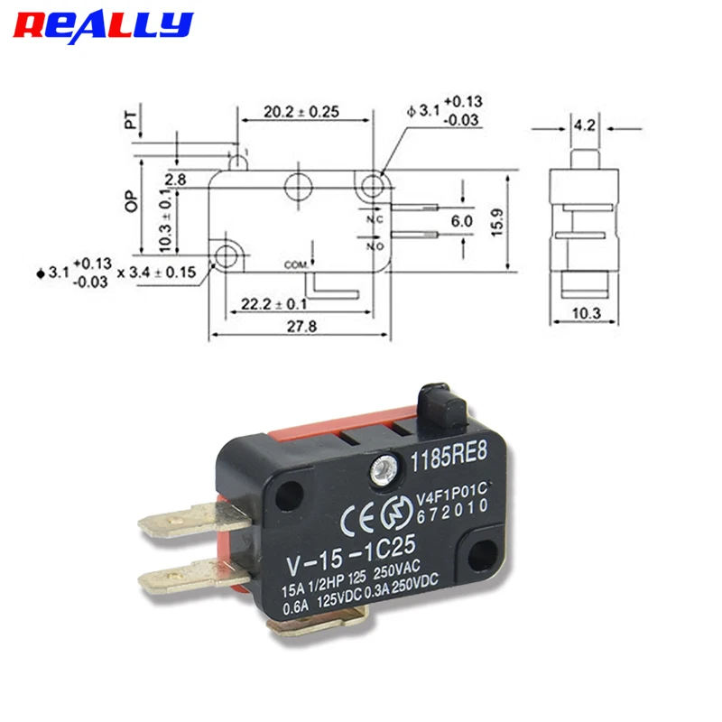 5PCS V-1C25 Series Stroke Limit Microwave Oven Door Micro Switch Hinge Roller Hinge Lever Momentary Snap Action 15A  250VAC