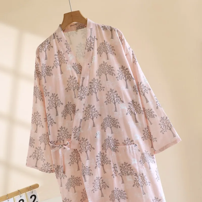 رداء نوم كيمونو ياباني جديد للزوجين لربيع وصيف 2025 100% قطن شاش للرجال والنساء رداء تبخير العرق ملابس منزلية #4