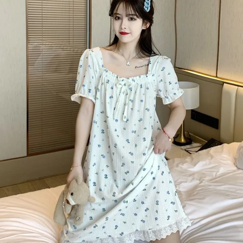 Summer Nightgowns Women Short Sleeve Nightdress Sleepshirt Floral Breathable Pajamas for Womens Home Clothes Sleepwear Plus Size