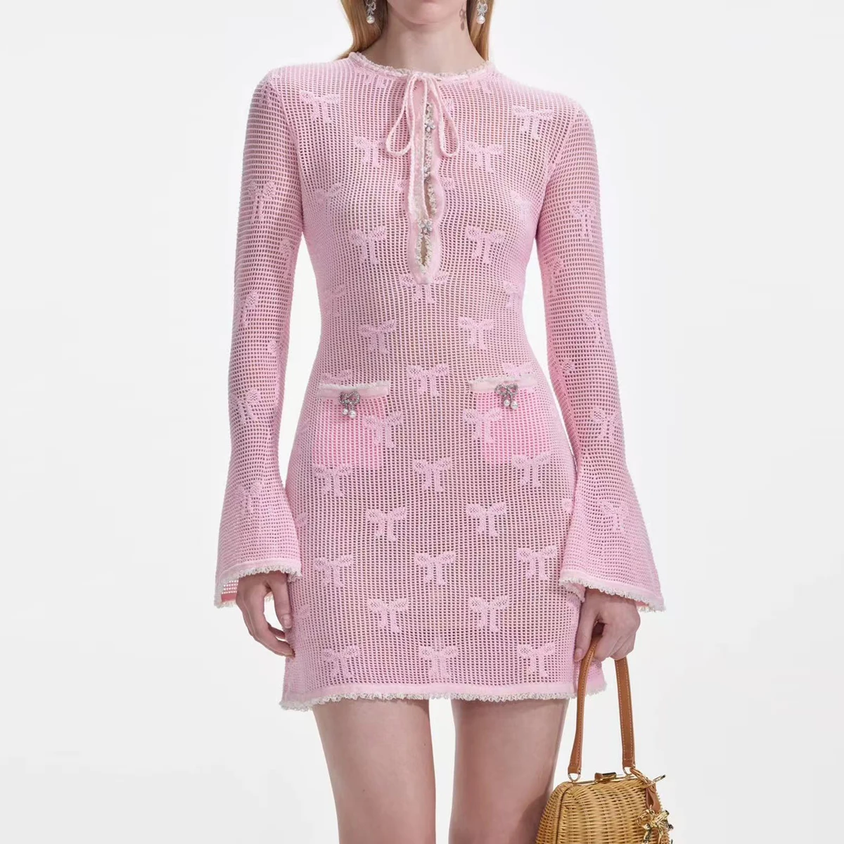 

High Quality Autumn New Fashionable Commuter Women's Long Sleeved High Stretch Knitted Versatile Hollow Embroidery Bead Dress