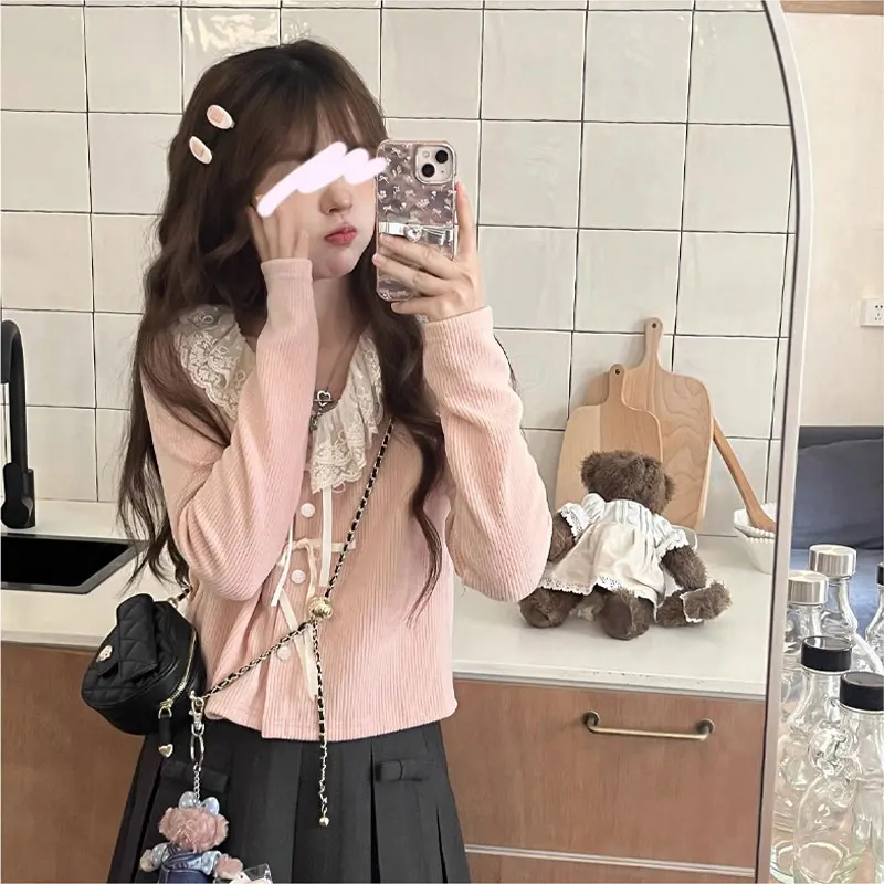 Sweet Bow Lace Spliced Knitted Blouse Female Clothing Ruffled Neck Spring Autumn Long Sleeve Fashion Basic Single-breasted Shirt