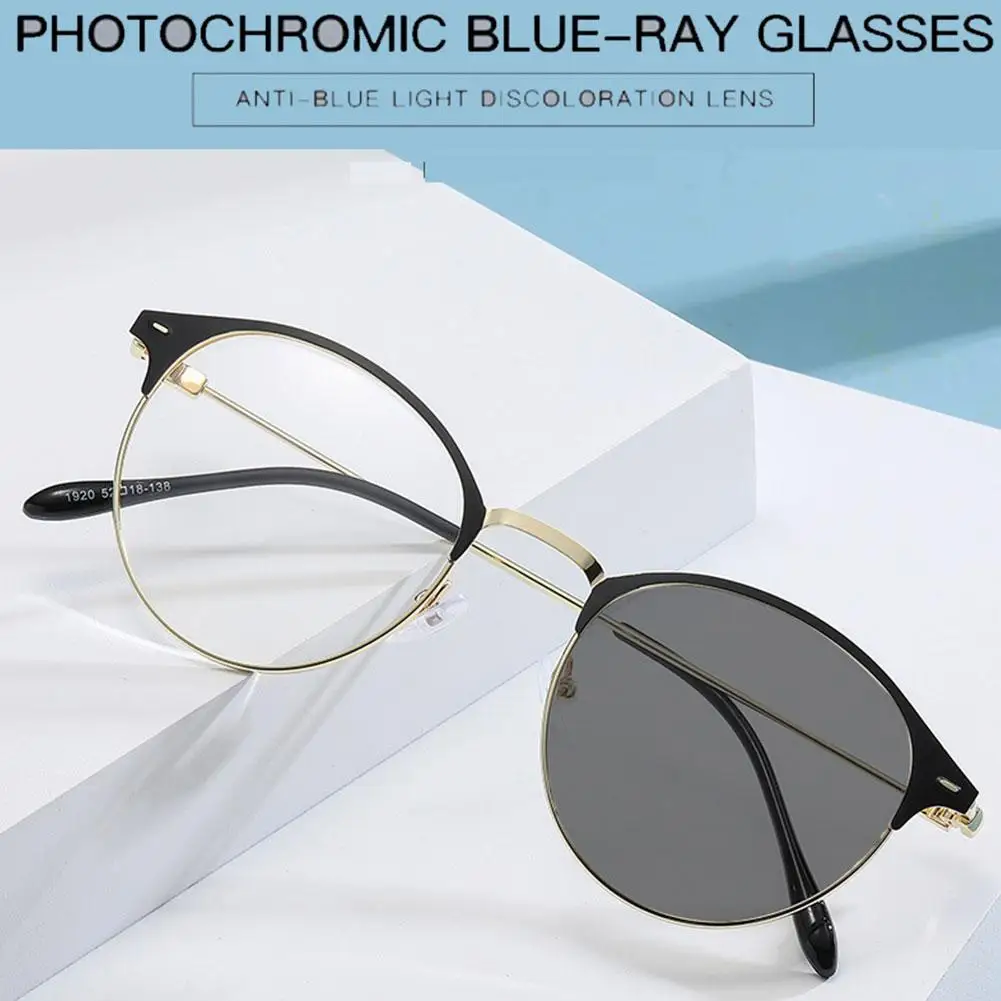 Fashion Round Frame Photochromic Glasses Anti Blue Lights Vintage Retro Color Change Sunglasses Women Men Sunshade Eyewear