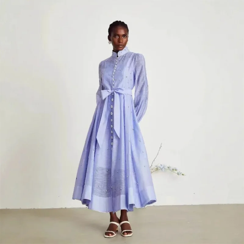 

2025 Early Spring High-End Luxurious-Studded Stand Collar Sleeve Single-Breasted Socialite Elegant Dress Long