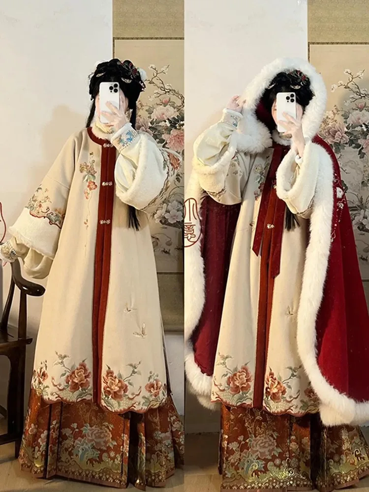 

New gown round neck front shirt cape thickened with velvet embroidered skirt Christmas set