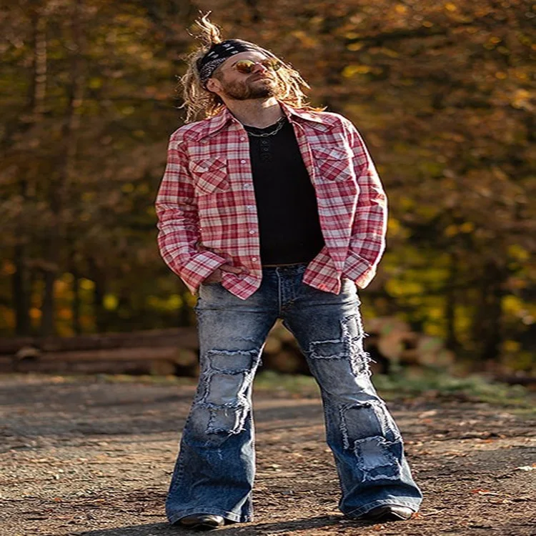 

Мужские джинсы-клеш в стиле ретро с высокой талией, прямые, модные, городские, эластичные, в гонконгском стиле, из выстиранного денима