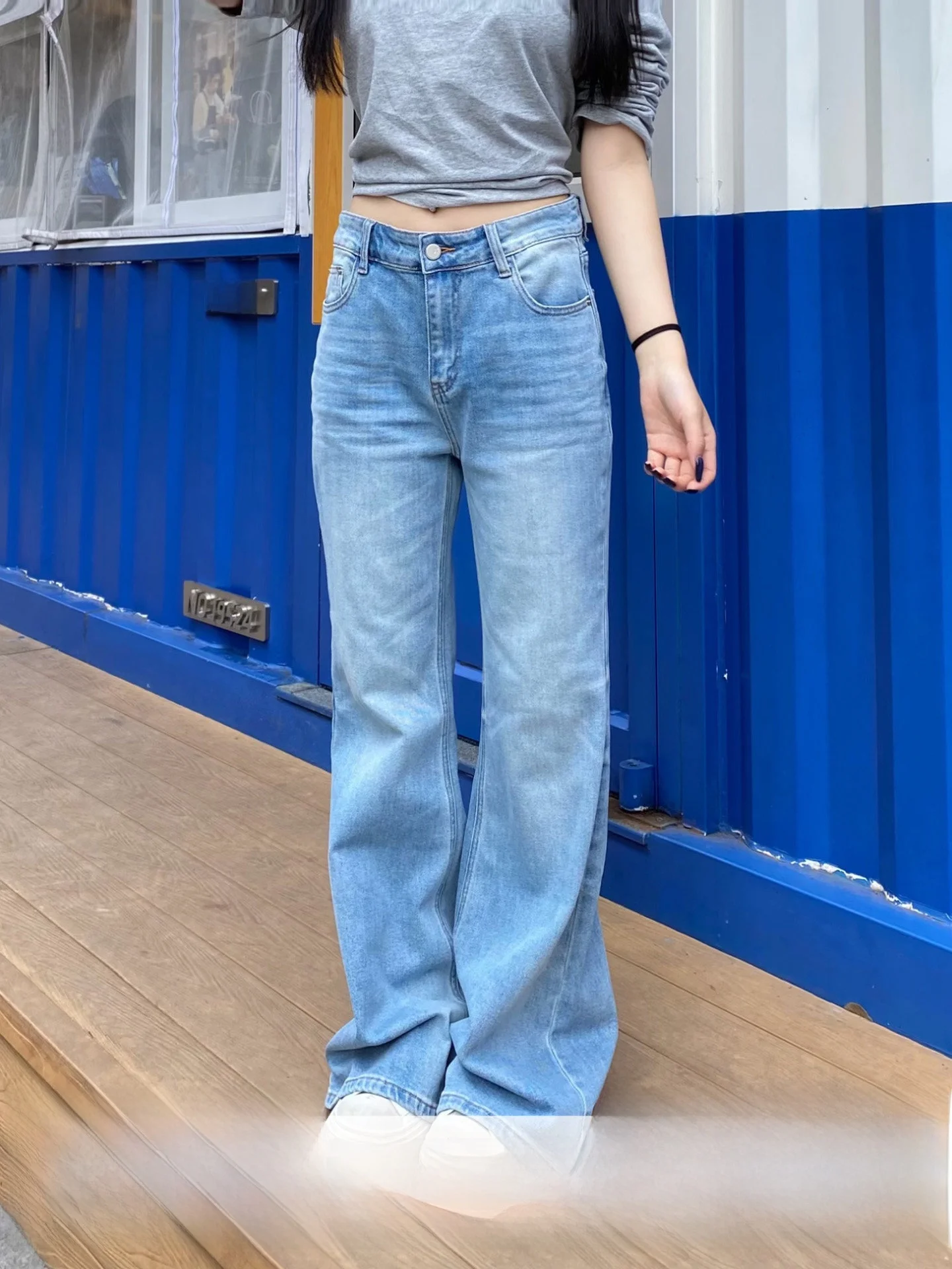 

Ретро-джинсы-клеш синего цвета для женщин, весенняя модель, прямые, стройнящие, универсальные, повседневные, однотонные