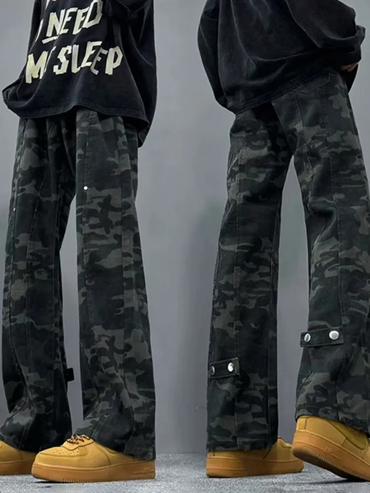 

High Street Camouflage Workwear Jeans Men's Slimming Vintage Trend Middle Waist Bent Knife Logging Pants Straight Leg Loose Fit