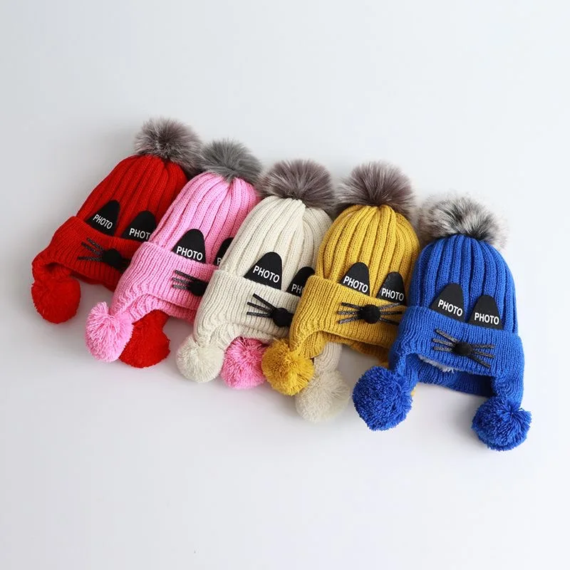 Children's hats Boys' and girls' Fall/winter hats plus fluffy cute cat warm knit woollen hat