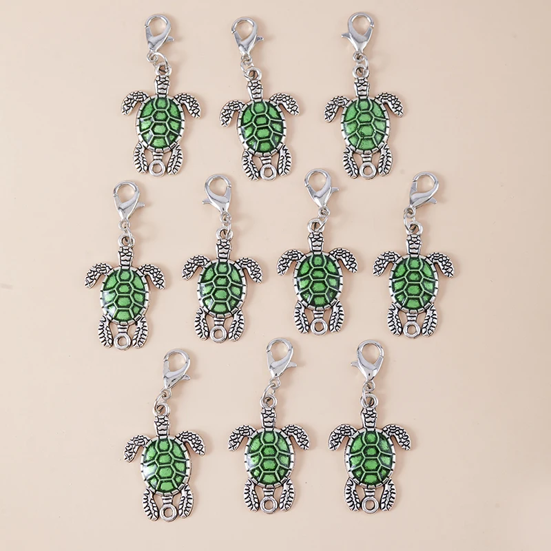 10pcs Green Tortoise Charms Alloy Animal Pendants With Lobster Claw Clasps Keychain For Women Girls Jewelry Accessories 18*37mm