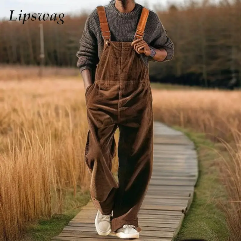 Vintage Straight Corduroy Pants Jumpsuits Men 2025 Summer Fashion Sleeveless Romper Overalls Mens Casual Solid Color Playsuits