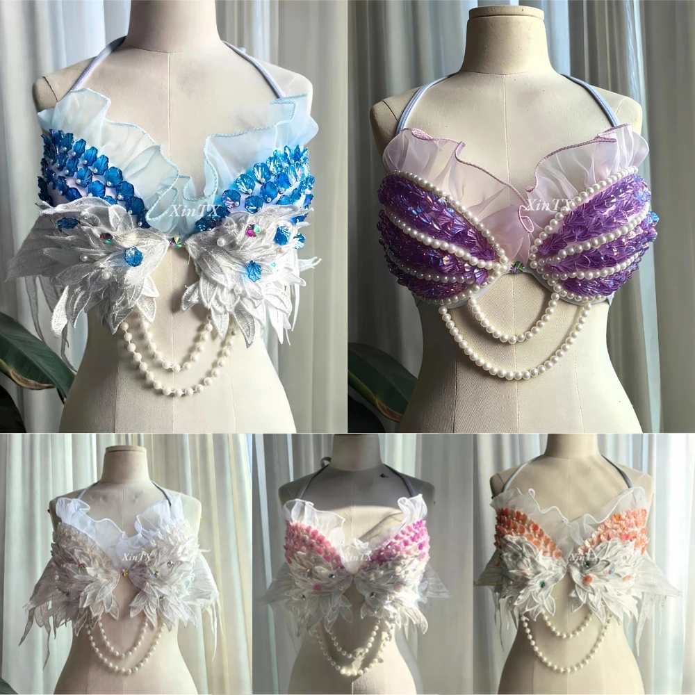 Hot Sexy Women's Bikini with Handmade Shell Fringe Beads Bra Paired with Mermaid Beach Pool Vacation Night Club Outfit Cosplay