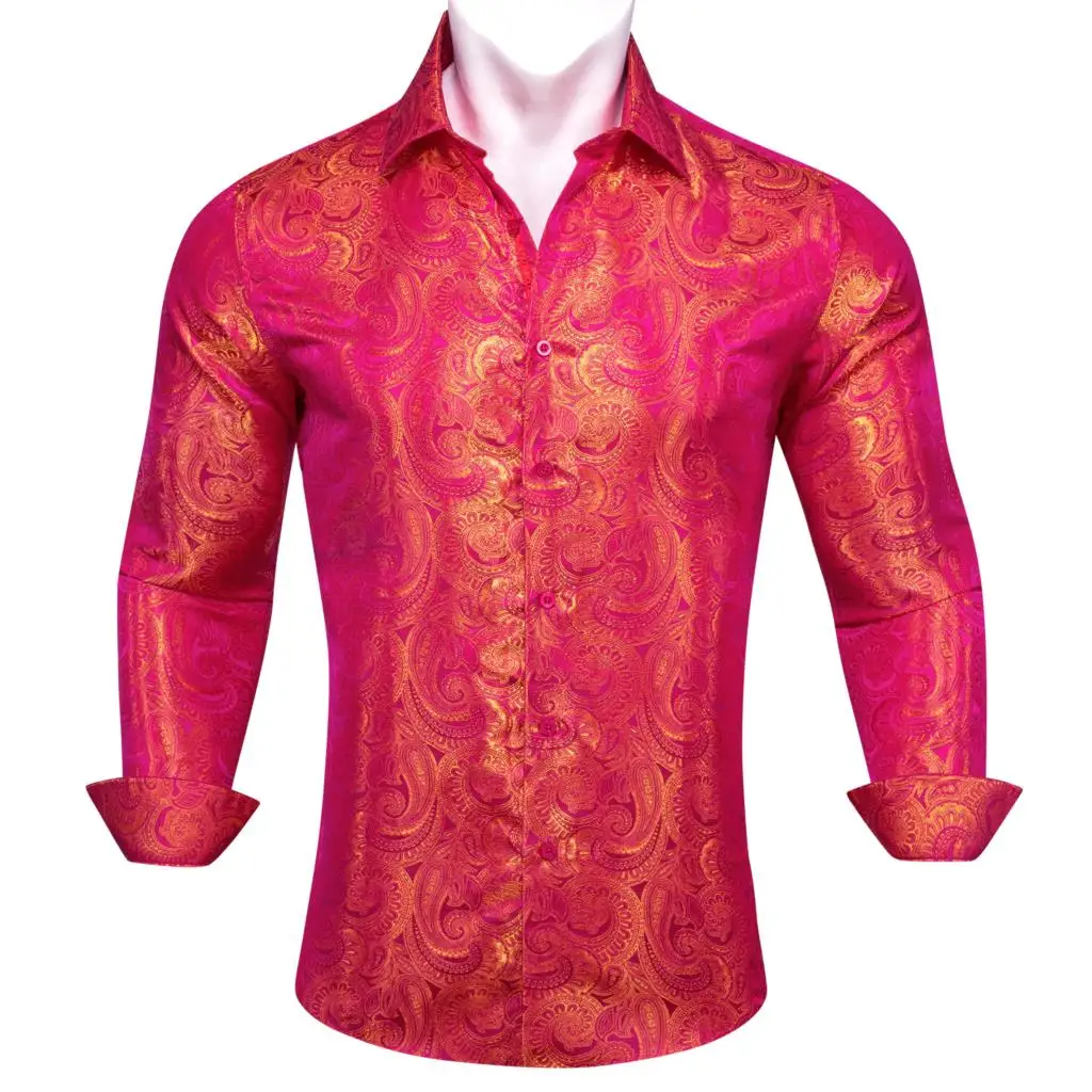 Luxury Shirts for Men Silk Embroidered Rose Red Gold Paisley Long Sleeve Slim Fit Male Blouses Turn Down Collar Tops Barry Wang