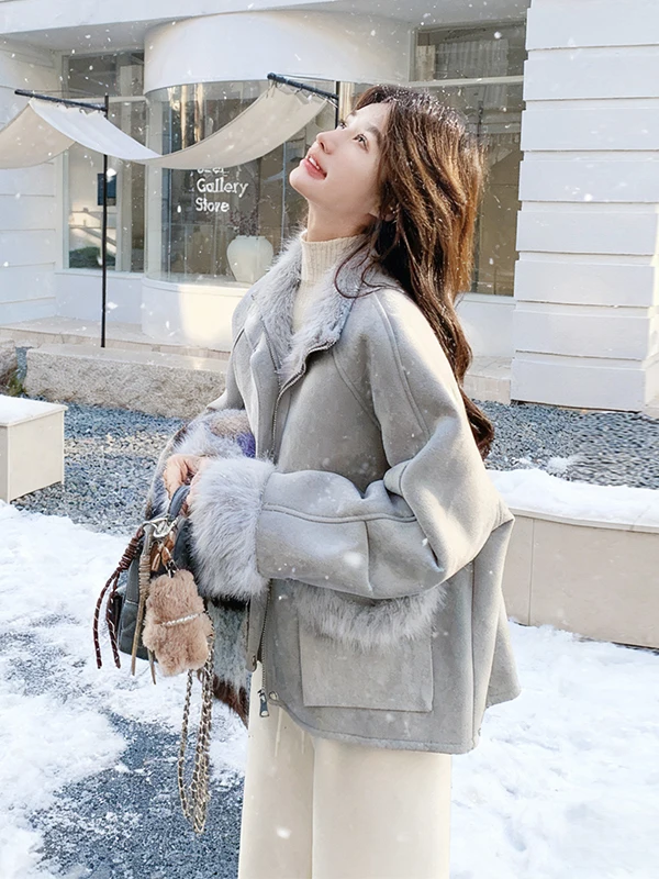   Lamsvachtjas voor dames, gevoerd met leer en bont, herfst-winter nieuw model, maat S...