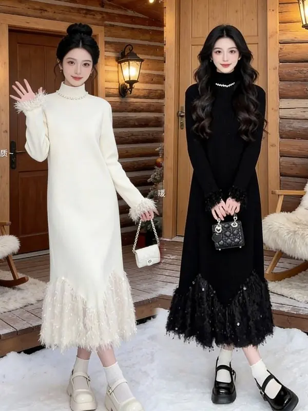 

Новое зимнее платье макси Y2K с высоким воротом, на флисовой подкладке, цвета абрикос, с вставками из блестящей шелковой нити и перьев, модное, подходит для ношения под пальто