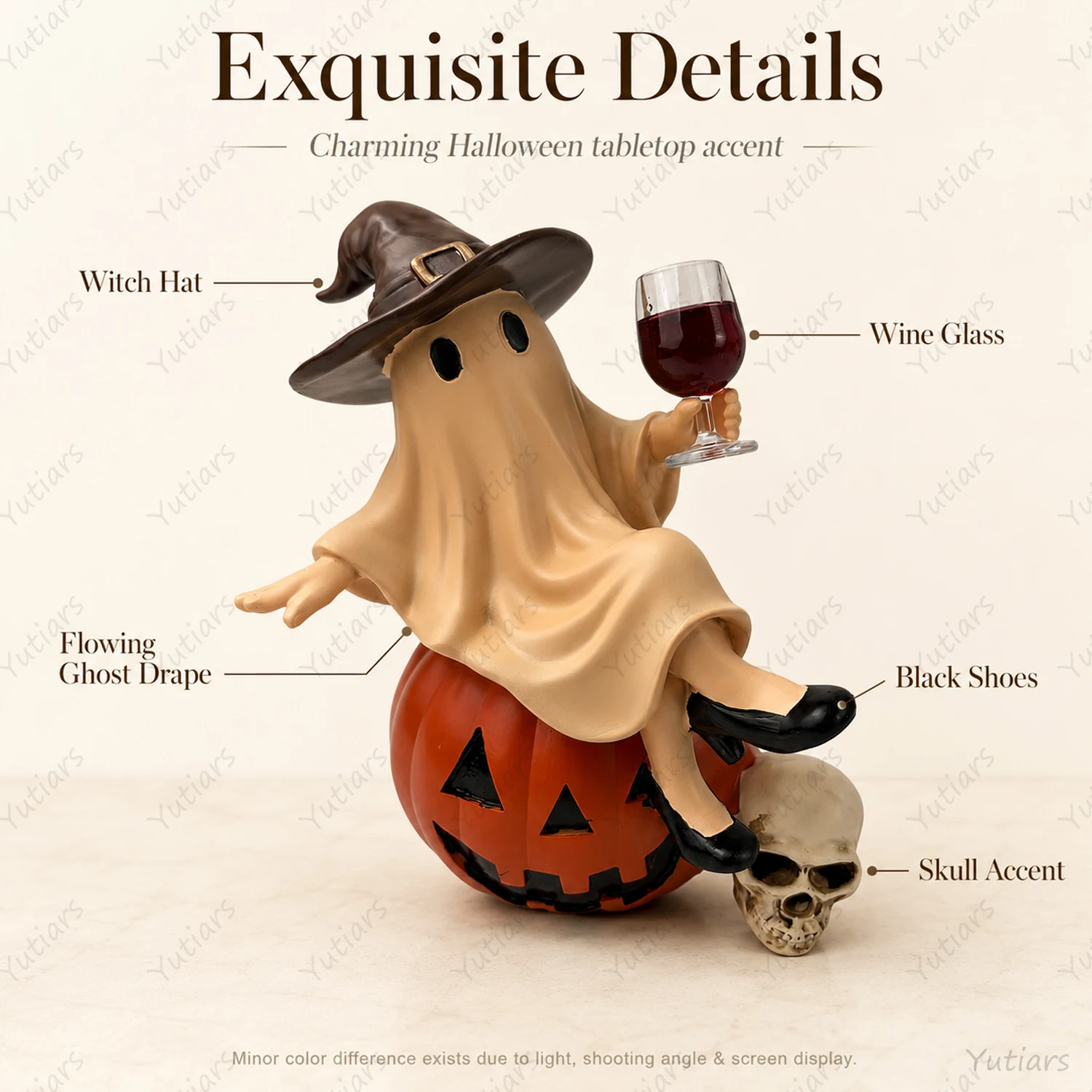 Gruselige Halloween-Geisterstatue mit Hexenhut, Weinglas, Harzornament, niedliche Tischdekoration, Geschenk für Freunde und Familie – Detail 3