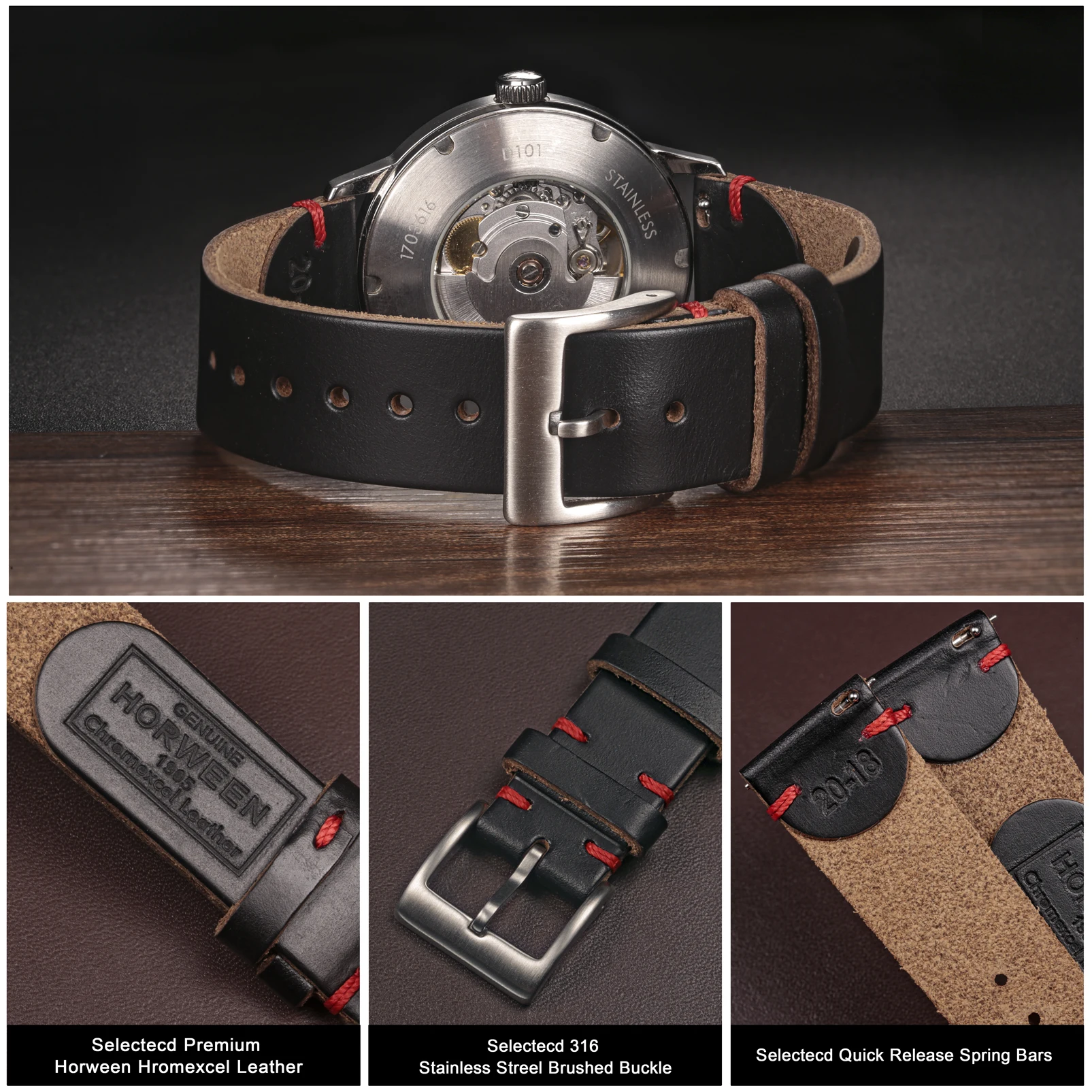 Horween Handmade Chromexcel Leather Watch Bands Black Leather Red Stitches Leather Straps 18mm 19mm 21mm 20mm 22mm