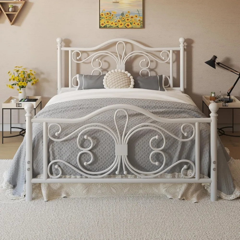 

Queen Size Bed Frame, Metal Platform Bed with Butterfly Pattern Design Headboard, Strong Metal Slats Support