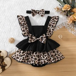 PatPat 2pcs Baby Girl 95% Cotton Solid & Leopard Print Layered Ruffle Trim Sleeveless Romper and Headband Set