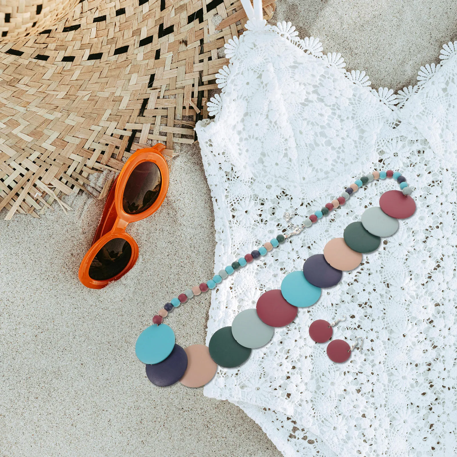 1Set Bohemian Necklace and Earring Set for Women Colorful Big Bead Necklace Boho Chunky Beaded Jewelry Vintage Ethnic Style Boho