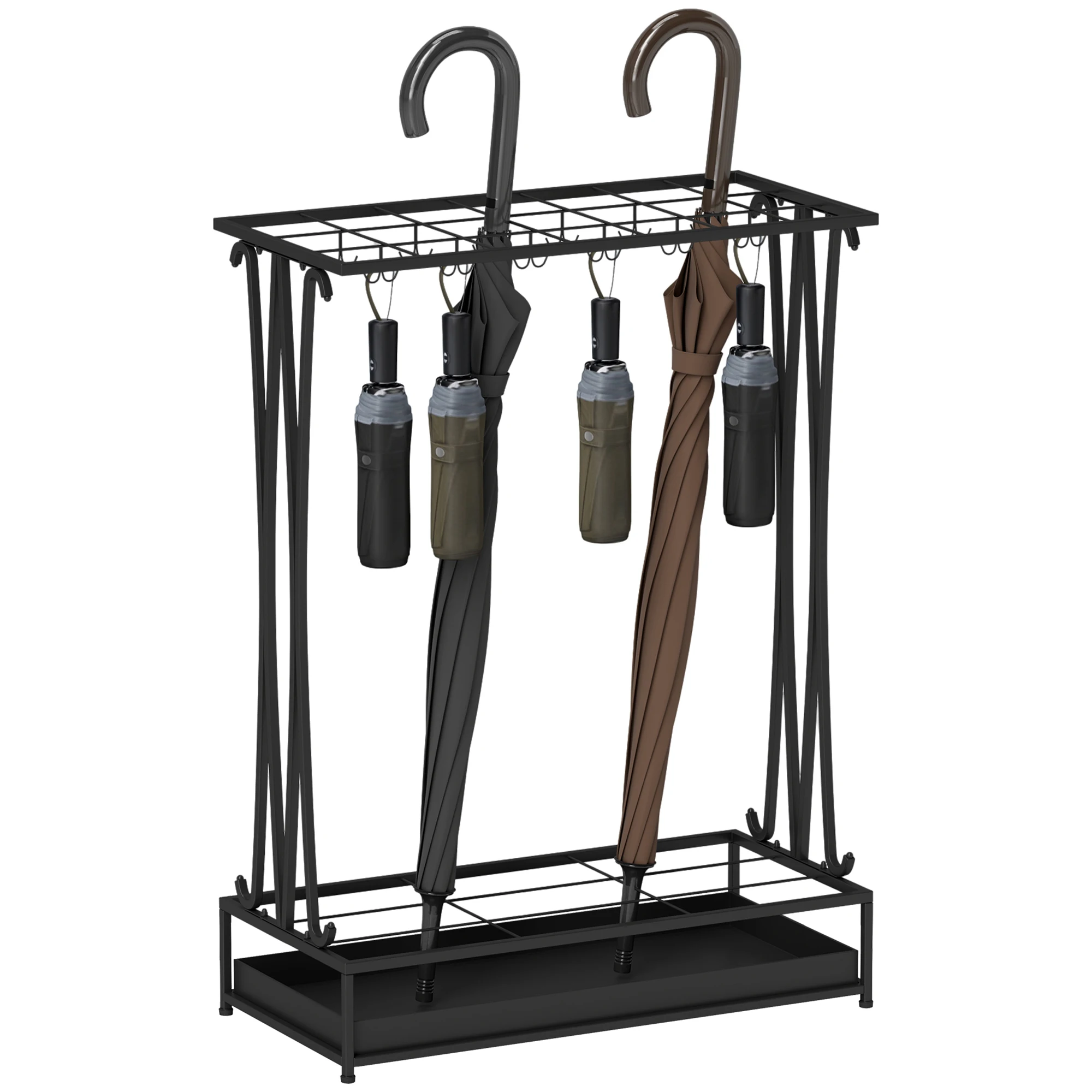 HOMCOM Moderno Soporte Rectangular para Paraguas de Acero con 24 Ganchos, 21 Espacios y Bandeja Recolectora Extraíble (Par)