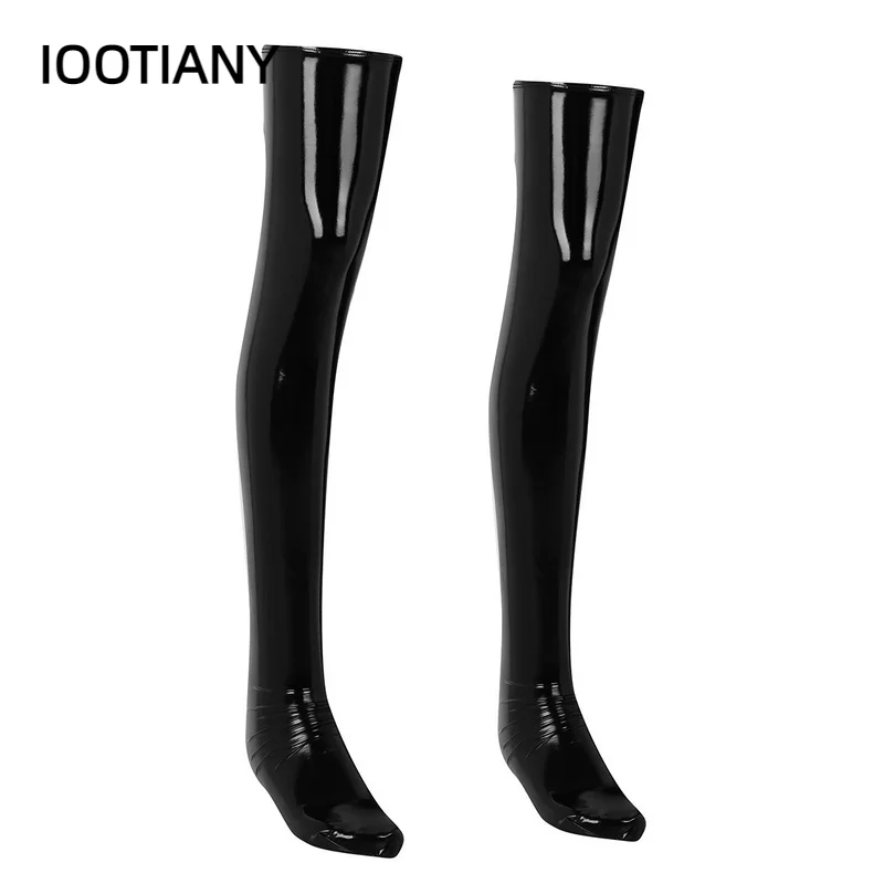 HOT Sexy Night Club Latex Stockings Ladies Black Faux Leather Thigh High Medias Women\'s Long Stockings Plus Size Over Knee Socks