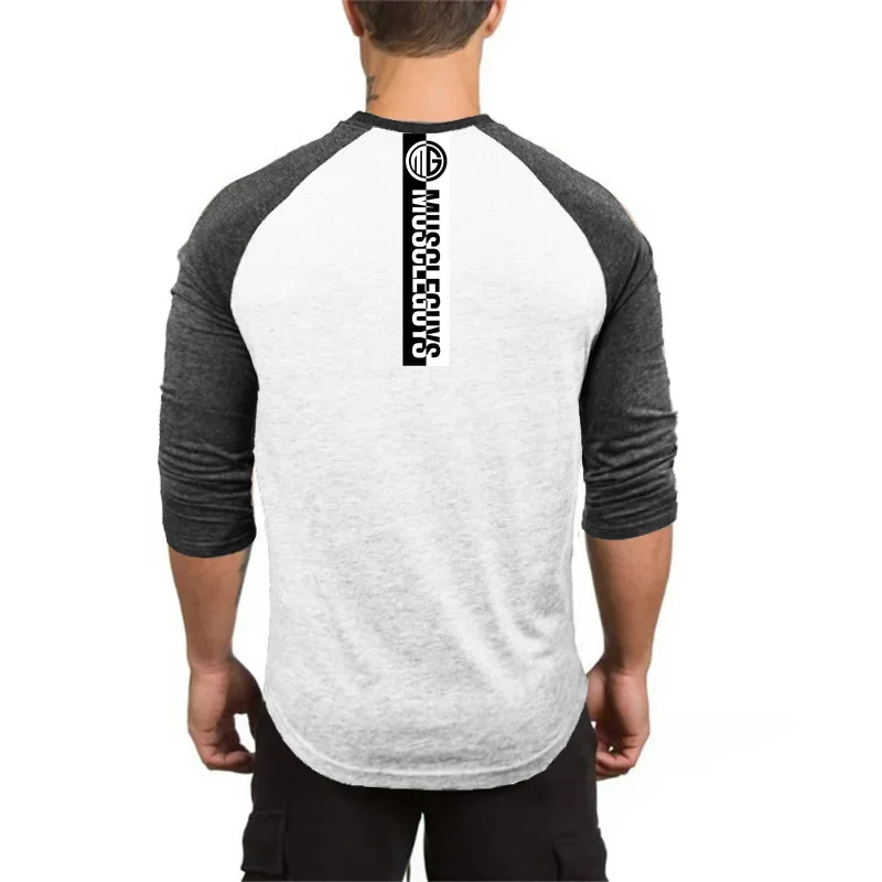 Autumn Men Sport Three Quarter Sleeve Shirts Gym Fitness Bodybuilding Muscle Clothing Breathbale Cotton Slim Fit Casual T-Shirts