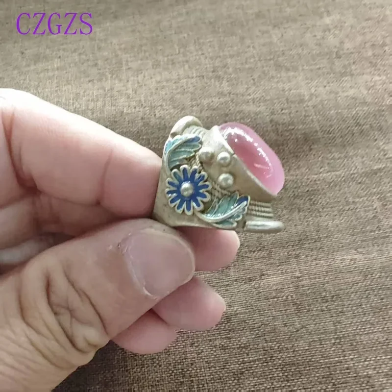 Orientalischer Vintage Unisex Offener Ring mit Blumen- und Blattmuster, Emaille-Metallband, Ovaler Imitations-Rosenquarz, Verstellbarer Ethnischer Fingerschmuck – Detail 1