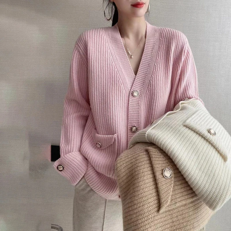 V-neck Loose Spring Fall Knitted Cardigan Casual Long Sleeve Knitwears Jacket Korean Fashion Sweater Women Vintage Tops New