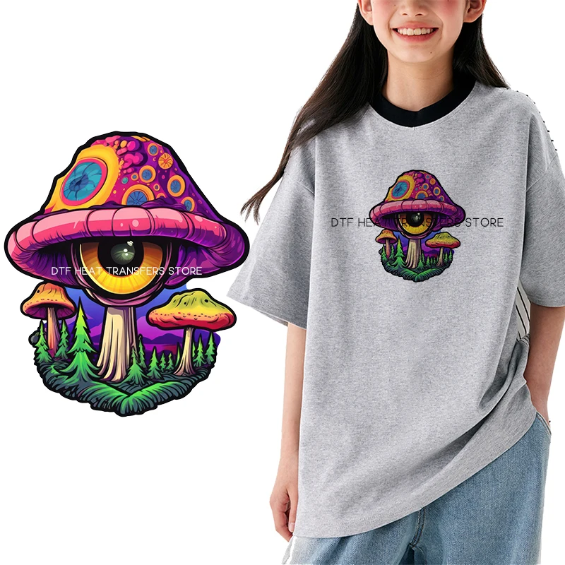 1960s vintage watercolor neon mushrooms dtf transfers ready to press iron on heat transfer patches for Children\'s clothing