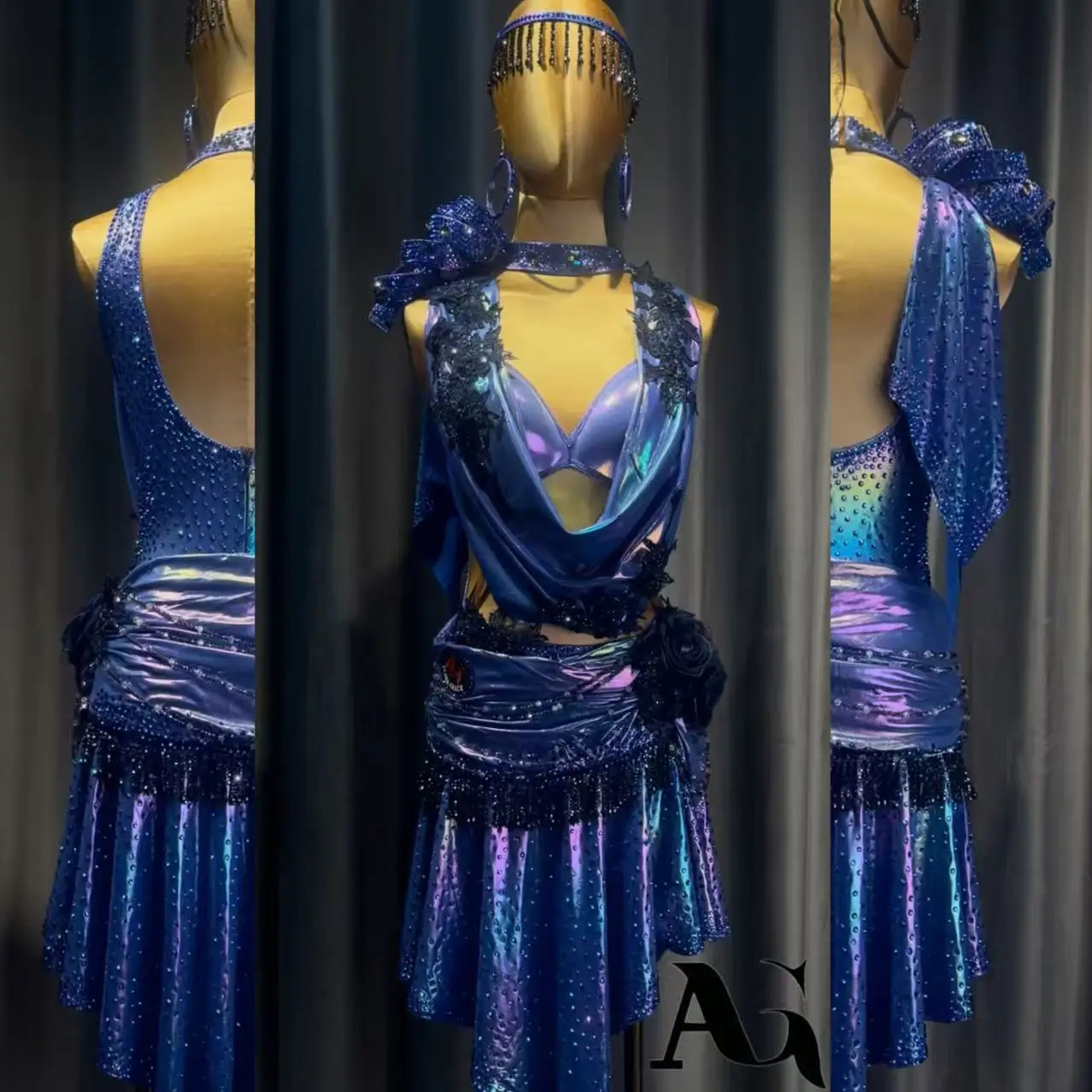 

Latin Dance Adult Children'S Dress AB Stone High-End Custom Blue Purple Laser Flower Dress Cha Cha Tango Women'S Clothing