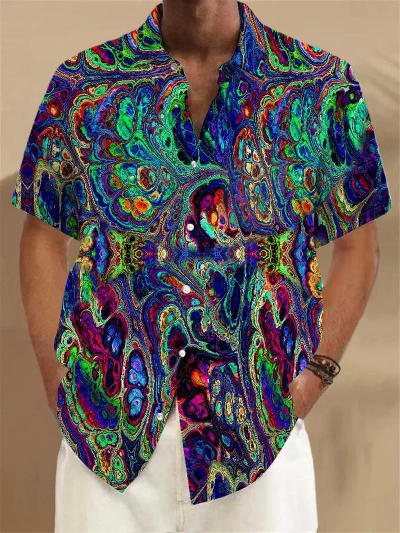 2025 Retro Colorful Peace Pattern Men's Shirt 3D Printed Short Sleeve Collar Shirt Summer Street Button Shirt