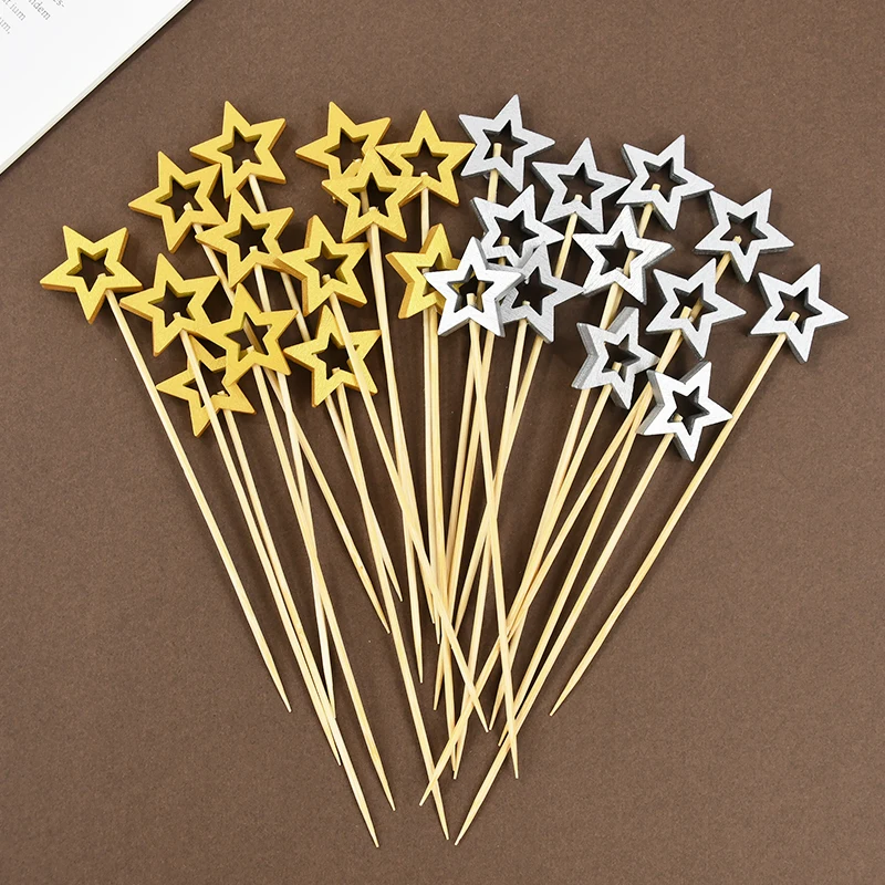 50PC Star Shape Bamboo Skewers Food Cocktail Picks Buffet Fruit Cupcake Fork Sticks Christmas Birthday Wedding Party Table Decor