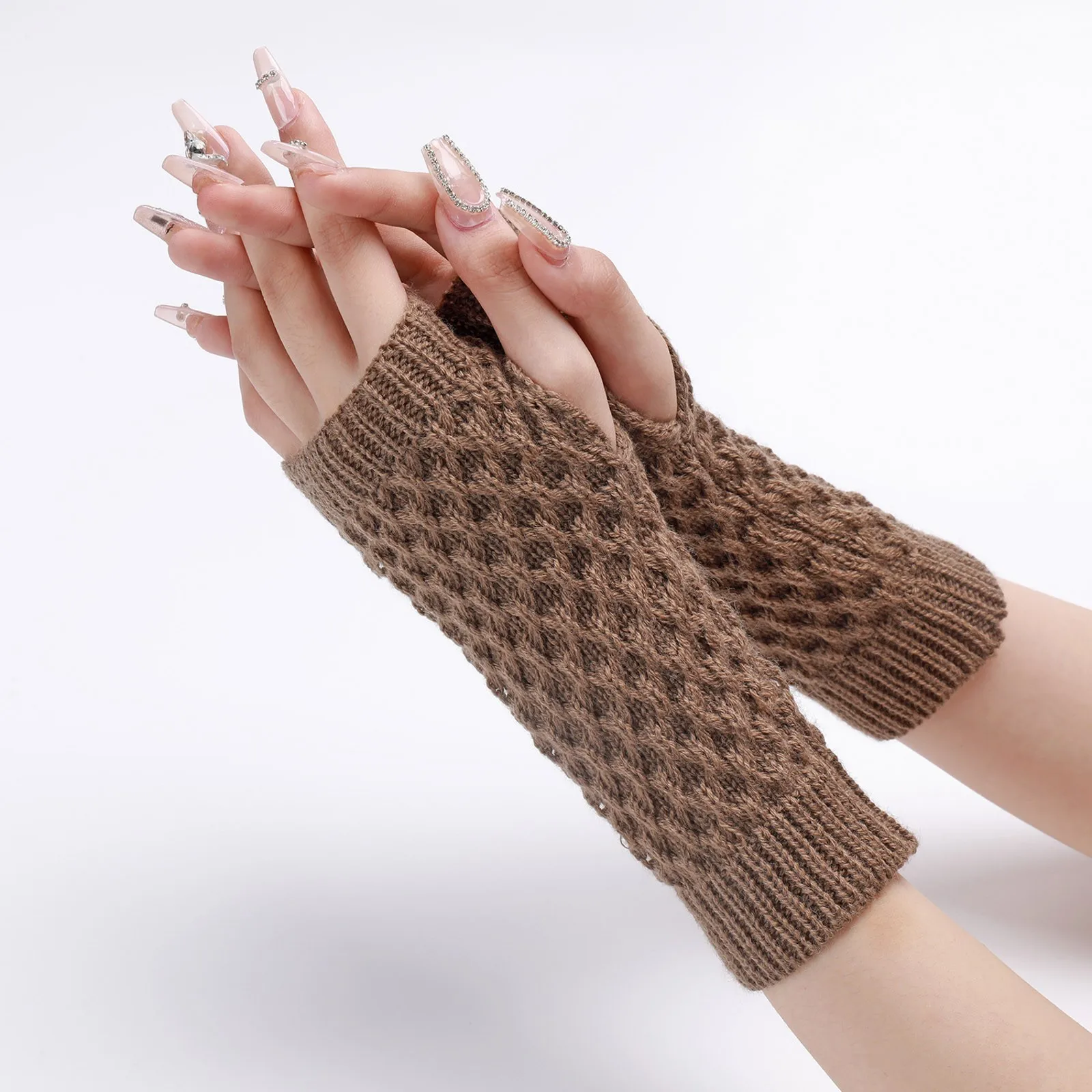 Fashion Women Winter Gloves Hand Knitted Crochet Half-Finger Gloves Solid Color Soft Warmer Mittens Outdoor Driving Gloves