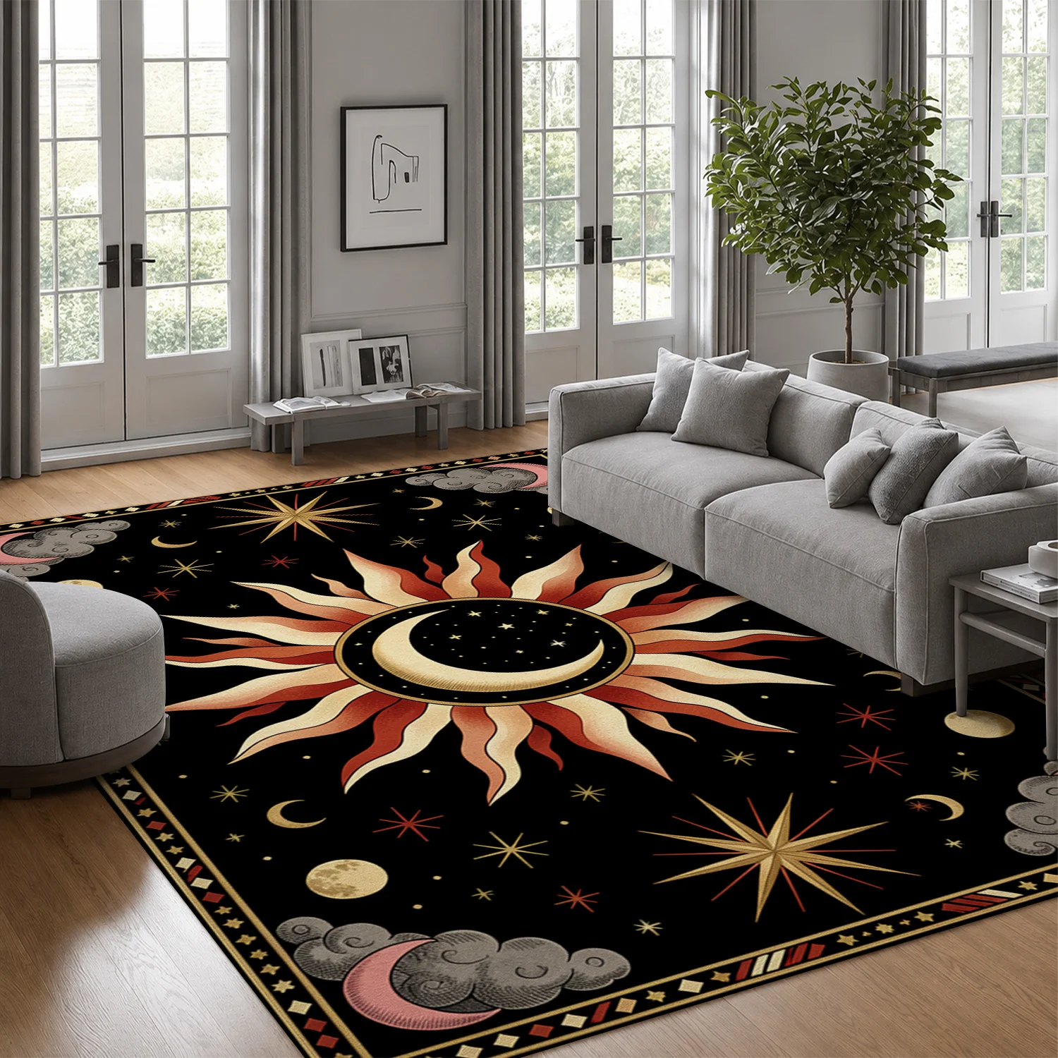 Celestial Sun Moon Stars Pattern Velvet Decorative Area Rug, Machine Washable Soft Floor Rug, Suitable for Living Room, Bedroom, Office, Entryway, Ideal for Halloween, Thanksgiving, Christmas, New Year Holiday Decor