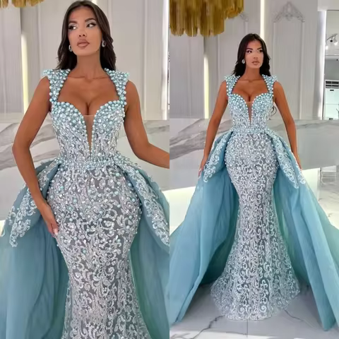 Customized ASo Ebi Crytal Beaded Mermaid Prom Dress Sequined Lace Evening Formal Party Gowns Second Reception Dress