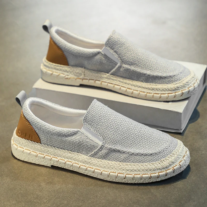 Casual Canvas Men's Shoes Breathable Grass Woven Slip-On Lightweight Anti-Slip Beijing Style Low Top Sneakers for Youth