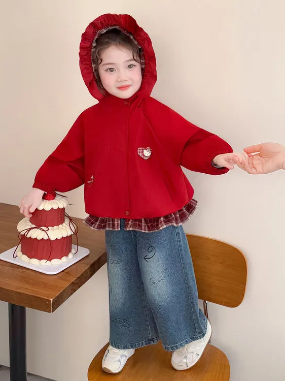 

Корейская красная куртка с капюшоном для девочек, весенняя, с мультяшным принтом, на молнии, детская повседневная свободная кофта с длинными рукавами
