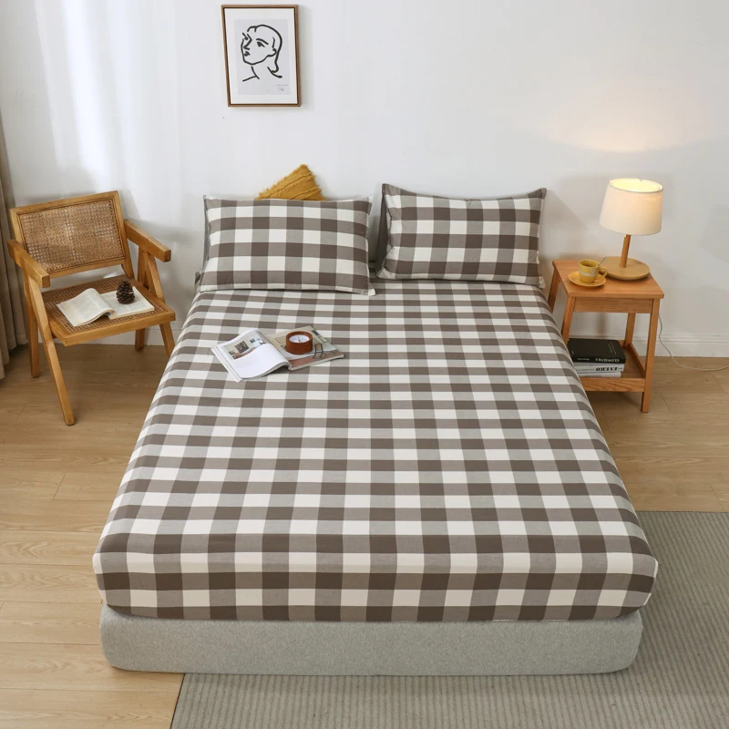 High Quality 100% Cotton Mattress Protection Cover,Adjustable Fitted Sheet 160x200,No Pillowcase,Plaid Style